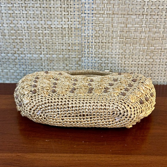 🌟HP🌟VTG 1960s-70s Tan Raffia Straw & Beaded Top Handle Clutch Handbag Japan - Picture 10 of 12